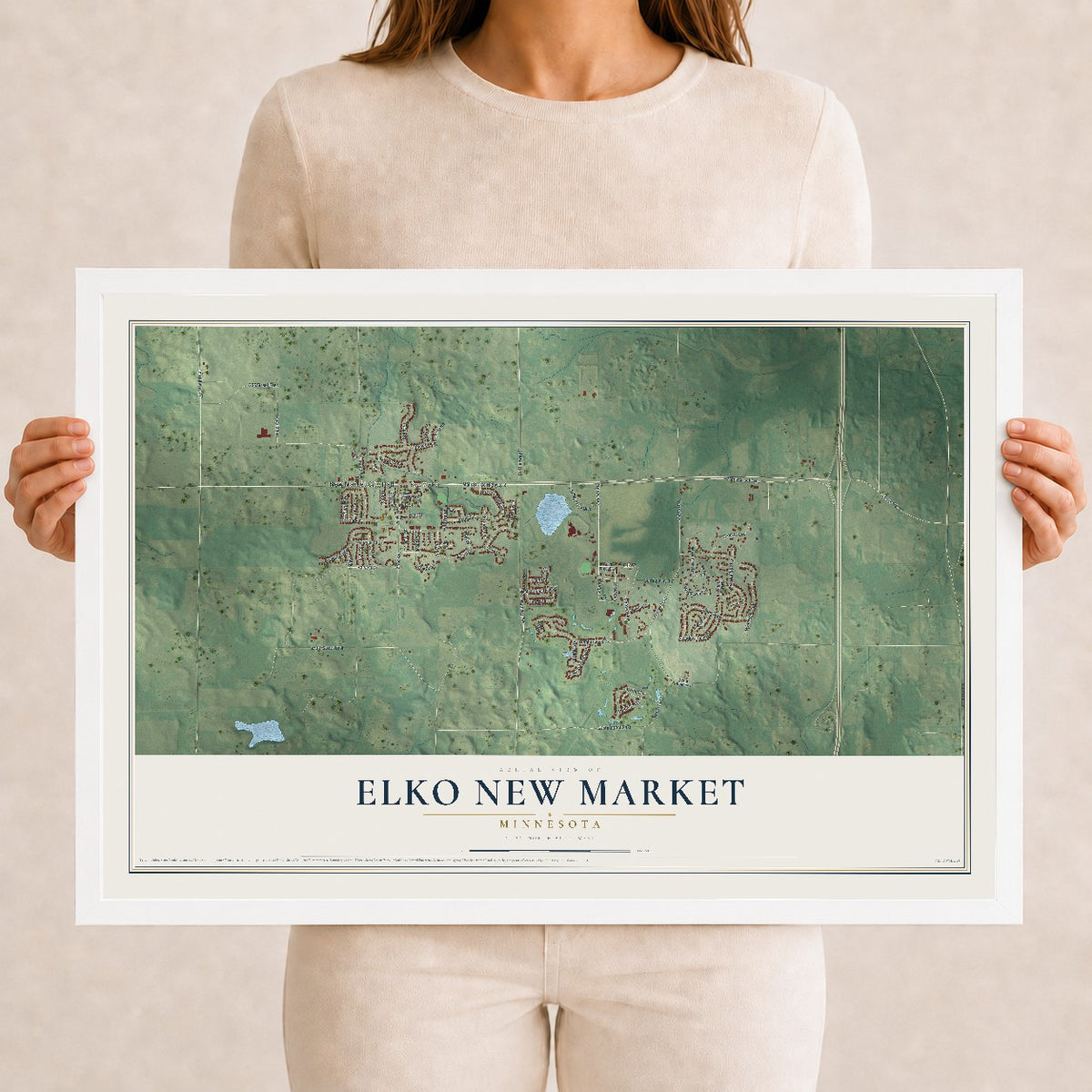 Map of Elko New Market, Minnesota, 12 x 18 inch print in a white wood frame