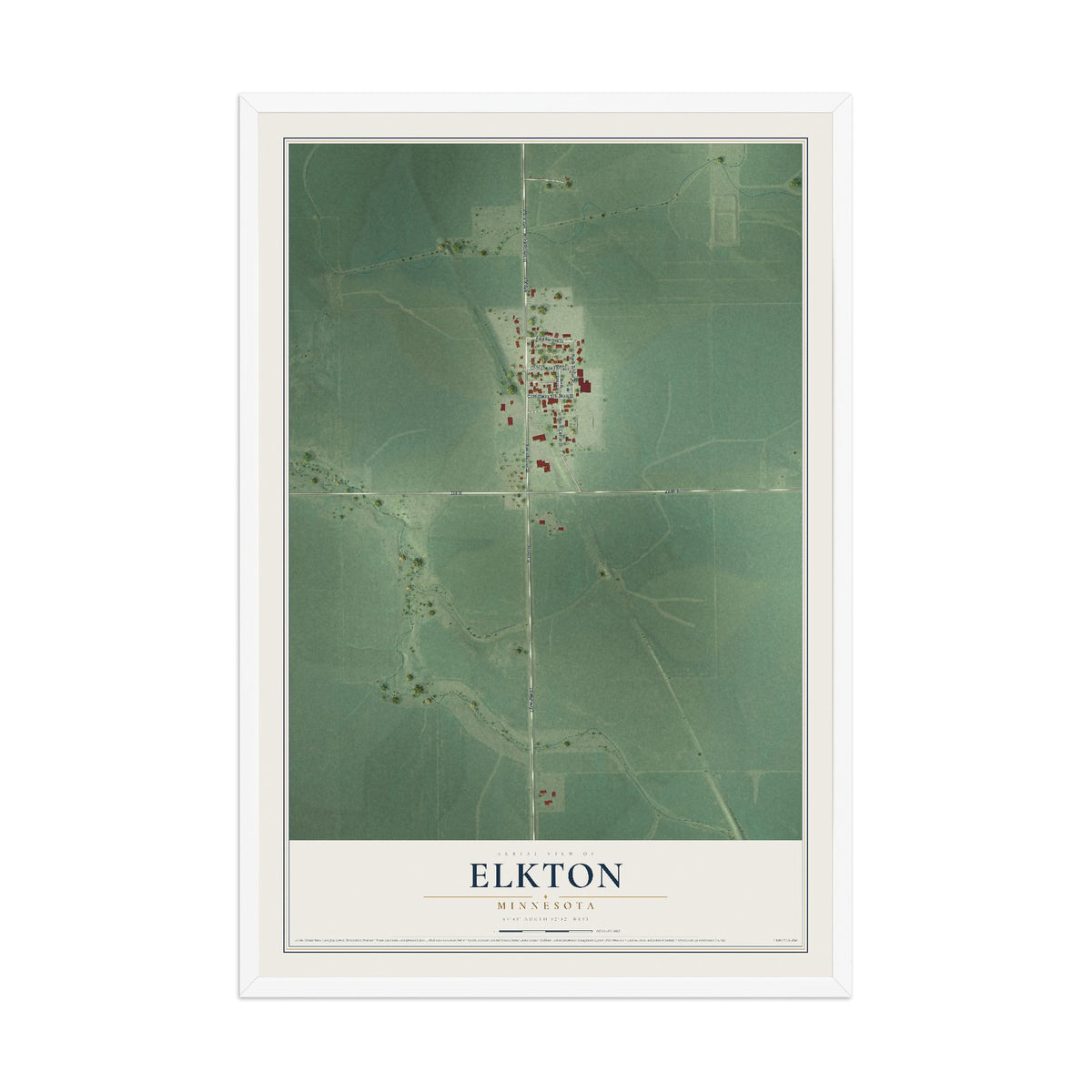Map of Elkton, Minnesota, 12 x 18 inch print in a white wood frame