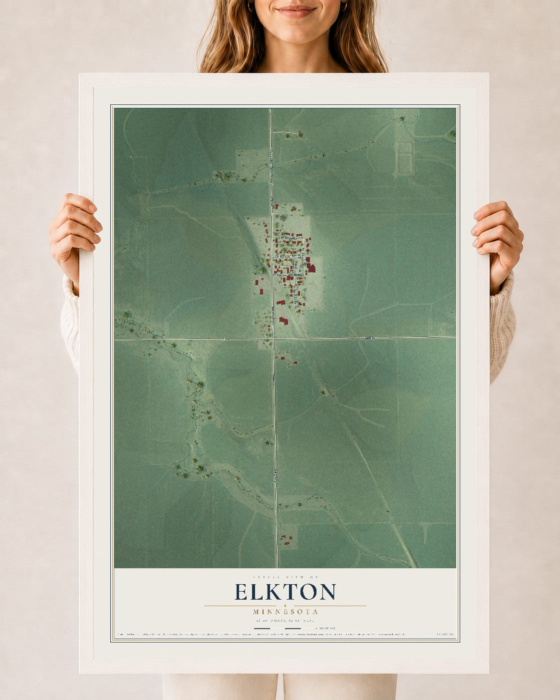 Map of Elkton, Minnesota, 24 x 36 inch print in a white wood frame