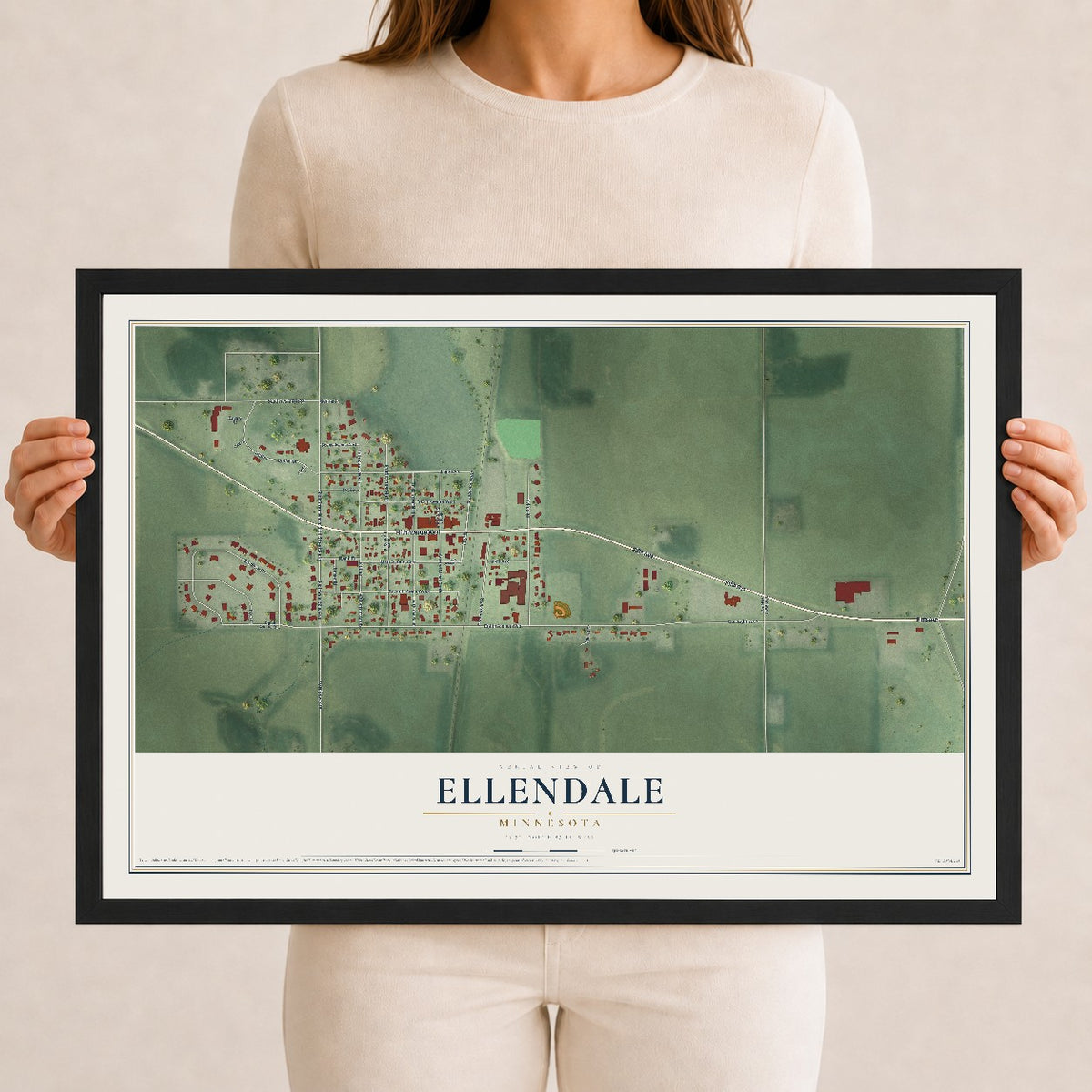 Map of Ellendale, Minnesota, 12 x 18 inch print in a black wood frame