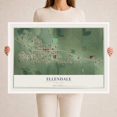Map of Ellendale, Minnesota, 24 x 36 inch print in a white wood frame