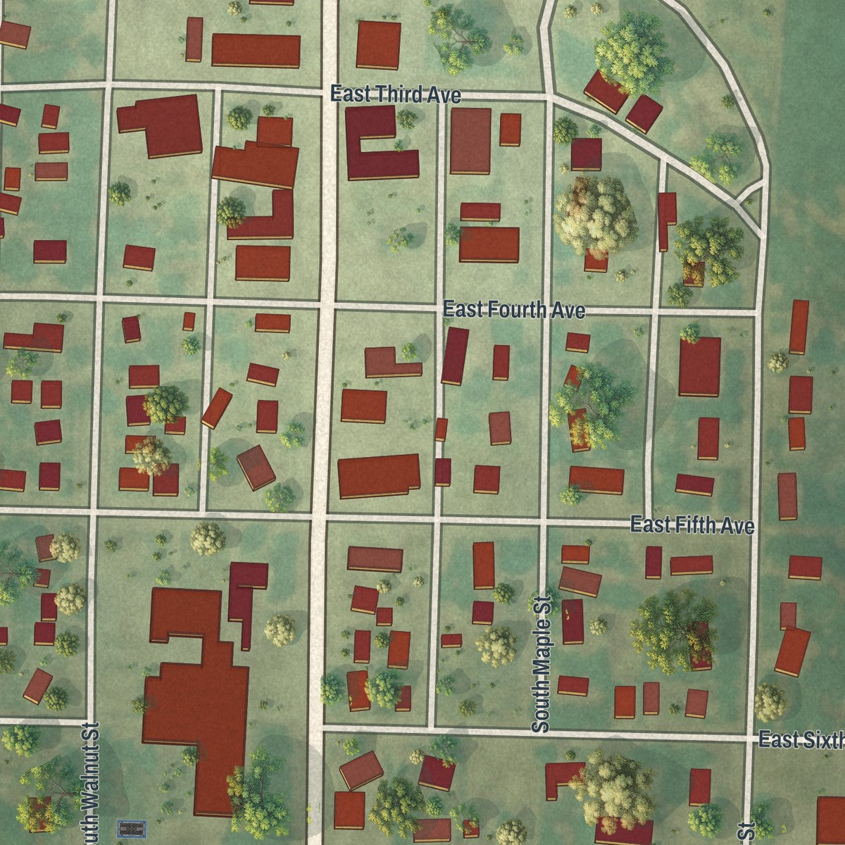 Close-up of the map of Ellsworth, Minnesota print showing street and building detail