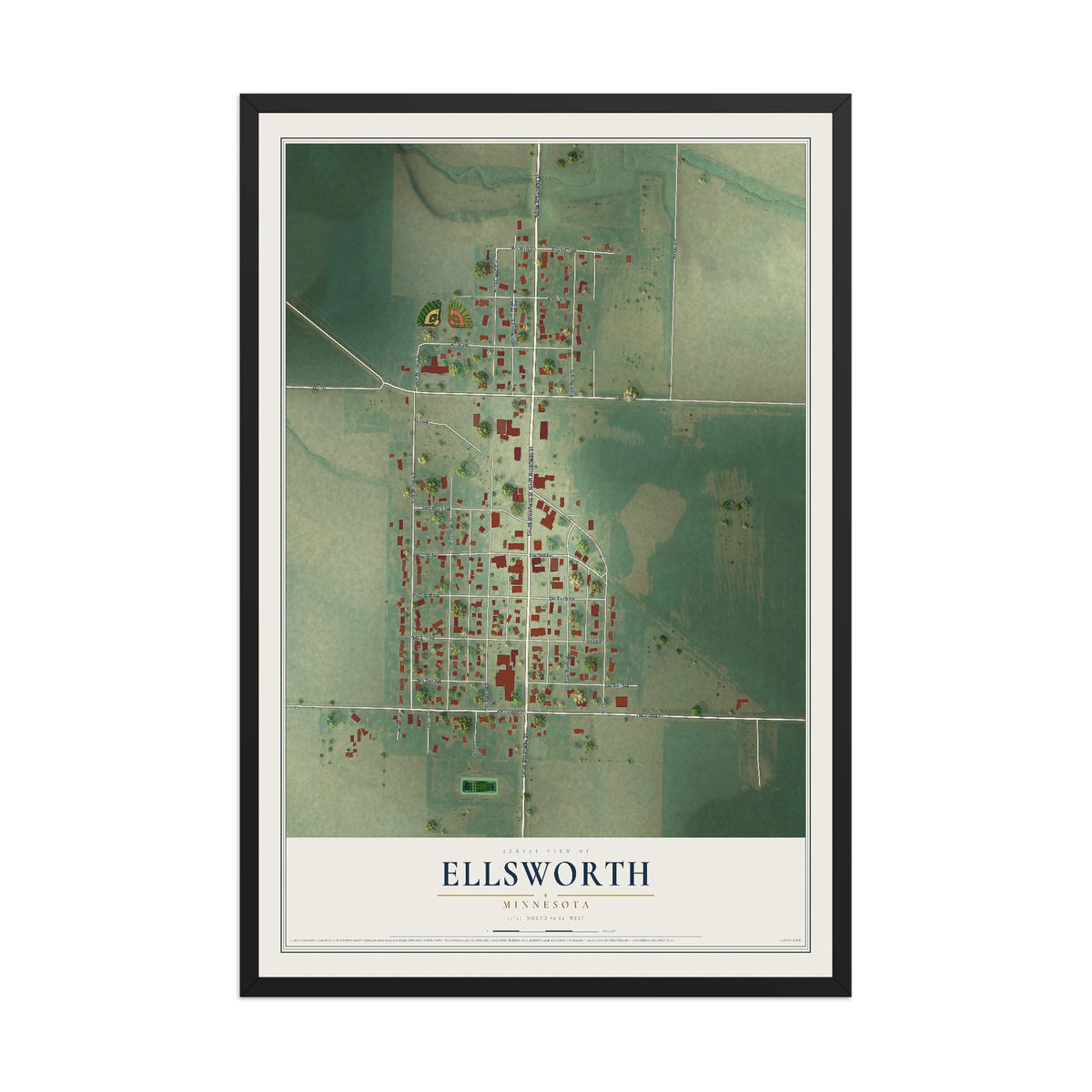 Map of Ellsworth, Minnesota, 12 x 18 inch print in a black wood frame