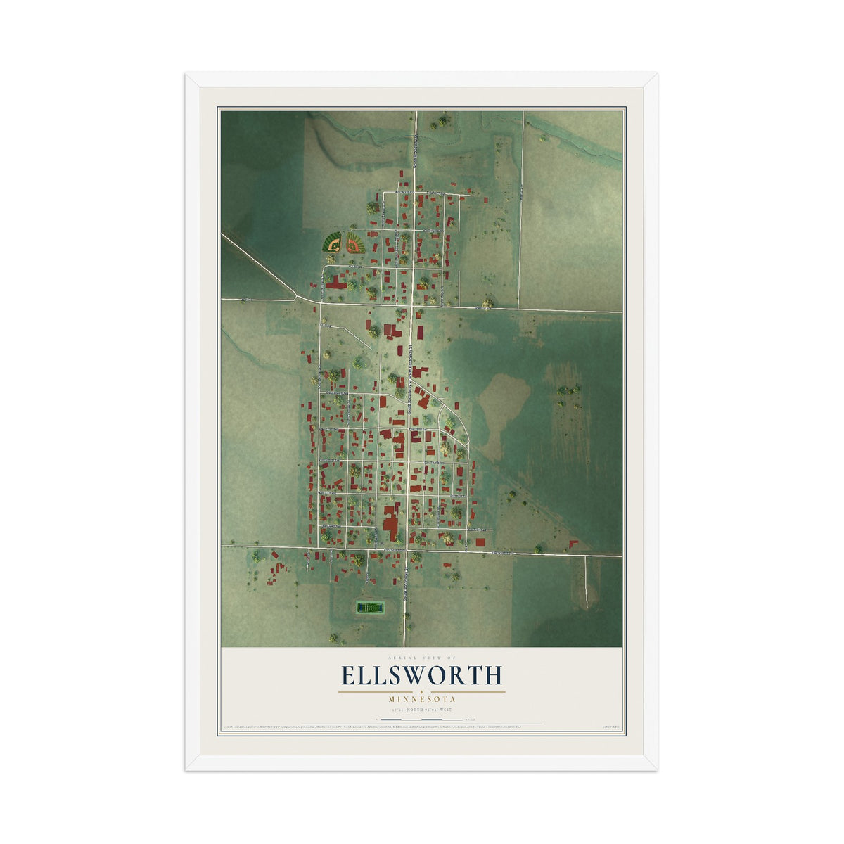 Map of Ellsworth, Minnesota, 12 x 18 inch print in a white wood frame