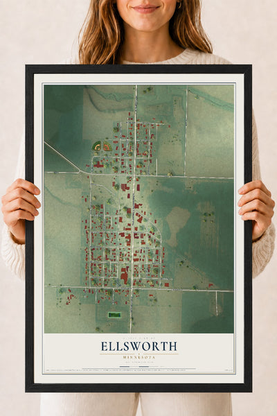 Map of Ellsworth, Minnesota, 18 x 24 inch print in a black wood frame