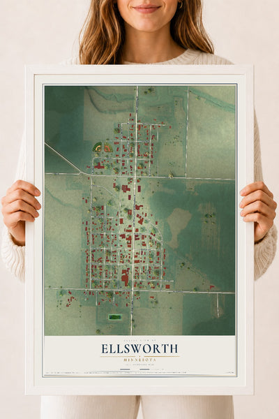 Map of Ellsworth, Minnesota, 18 x 24 inch print in a white wood frame