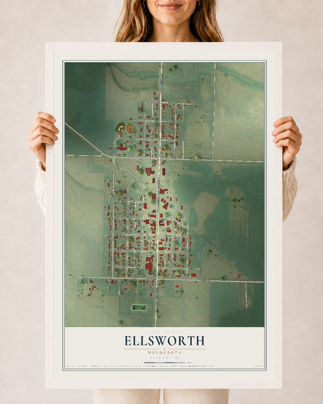 Map of Ellsworth, Minnesota, 24 x 36 inch print in a white wood frame