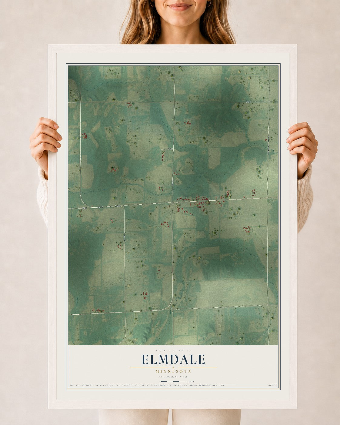 Map of Elmdale, Minnesota, 24 x 36 inch print in a white wood frame