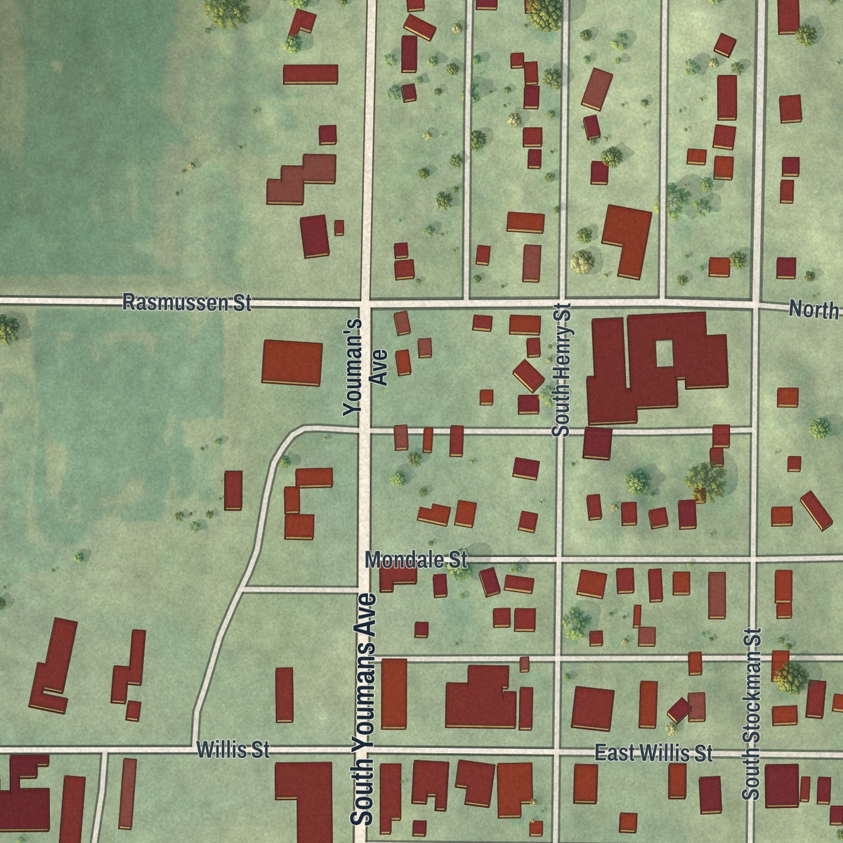 Close-up of the map of Elmore, Minnesota print showing street and building detail