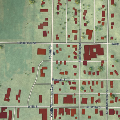 Close-up of the map of Elmore, Minnesota print showing street and building detail