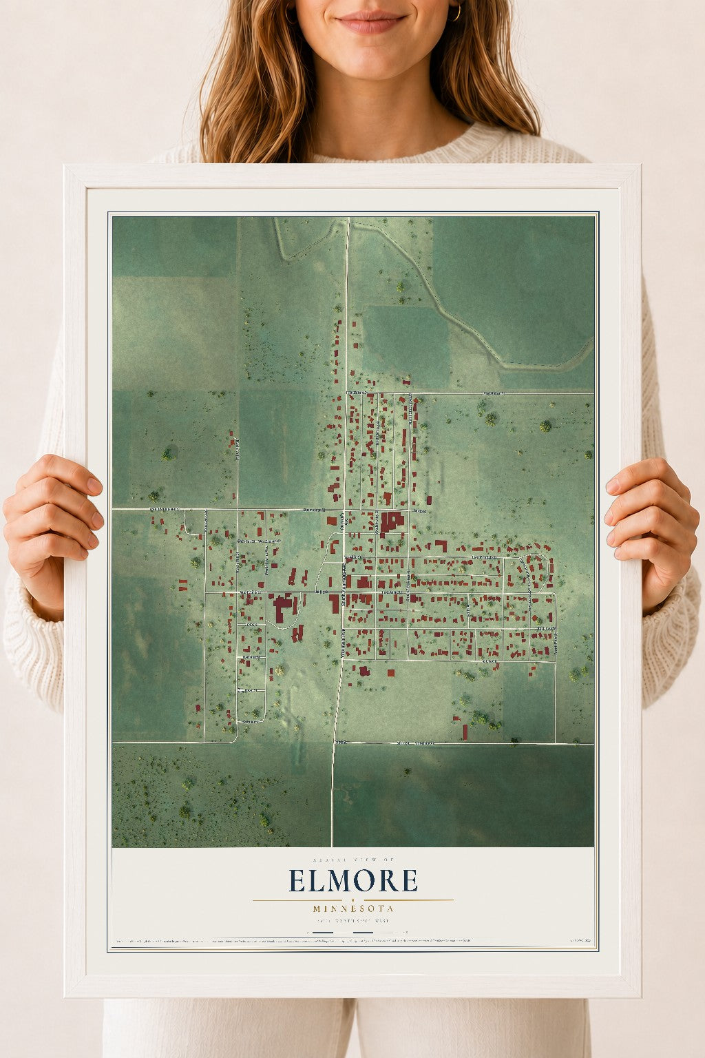 Map of Elmore, Minnesota, 18 x 24 inch print in a white wood frame