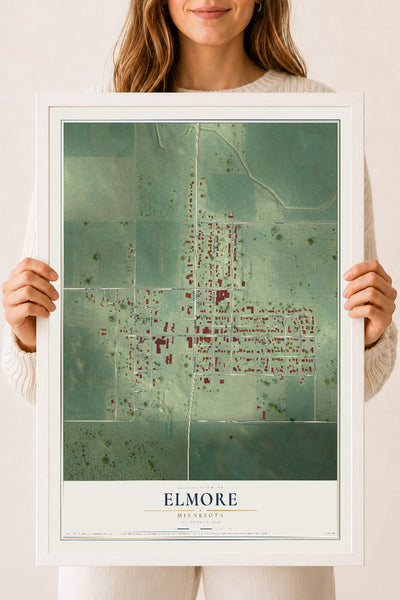 Map of Elmore, Minnesota, 18 x 24 inch print in a white wood frame