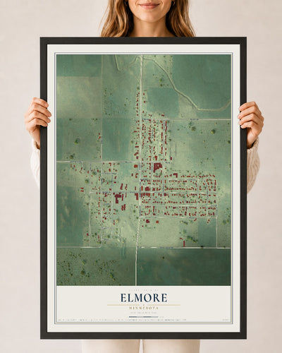 Map of Elmore, Minnesota, 24 x 36 inch print in a black wood frame