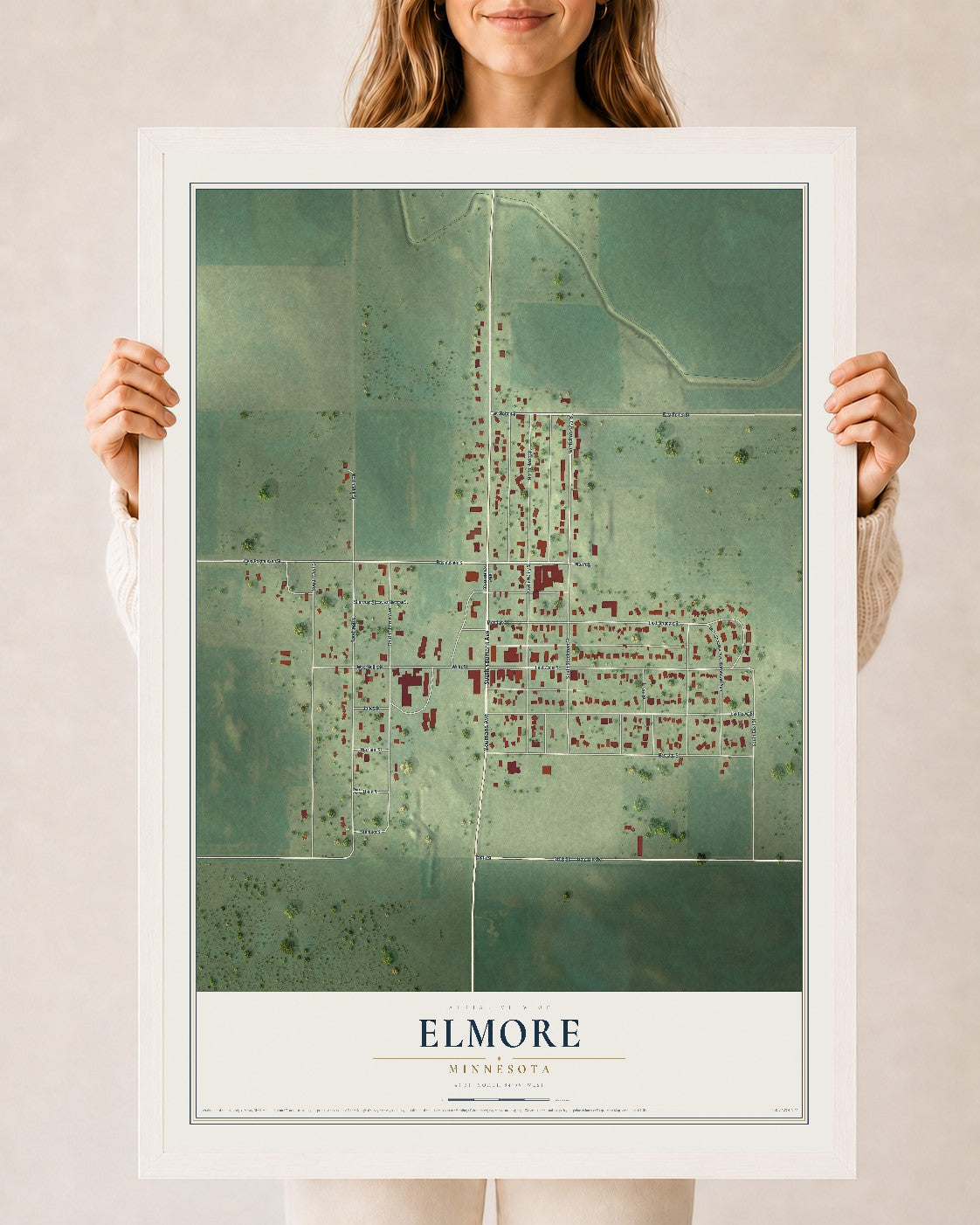 Map of Elmore, Minnesota, 24 x 36 inch print in a white wood frame