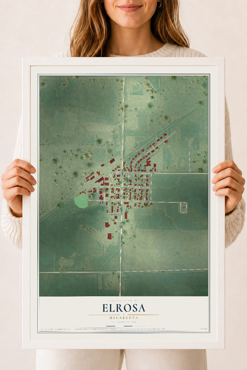 Map of Elrosa, Minnesota, 18 x 24 inch print in a white wood frame