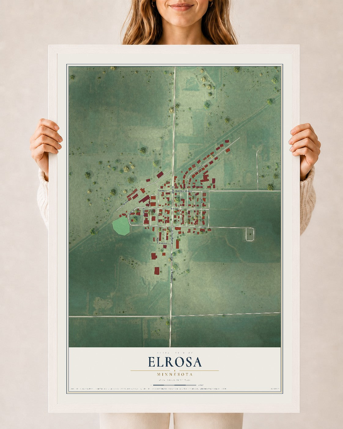 Map of Elrosa, Minnesota, 24 x 36 inch print in a white wood frame