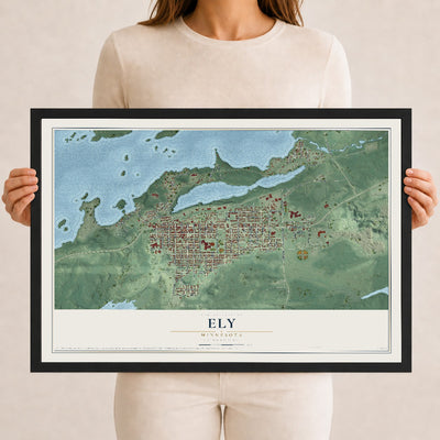 Map of Ely, Minnesota, 12 x 18 inch print in a black wood frame