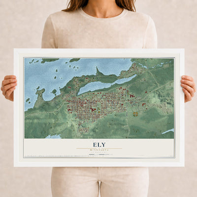 Map of Ely, Minnesota, 12 x 18 inch print in a white wood frame