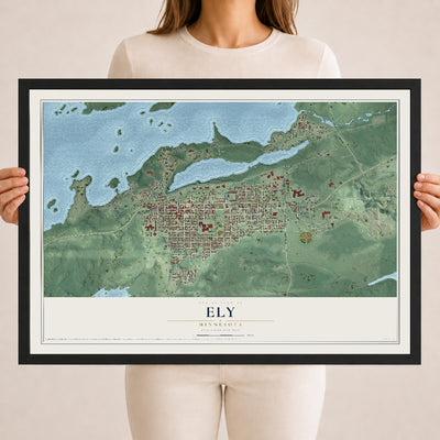 Map of Ely, Minnesota, 18 x 24 inch print in a black wood frame