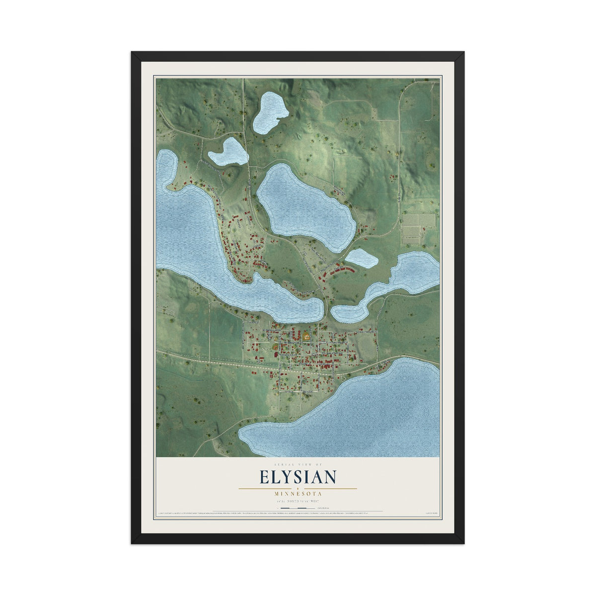 Map of Elysian, Minnesota, 12 x 18 inch print in a black wood frame