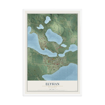 Map of Elysian, Minnesota, 12 x 18 inch print in a white wood frame