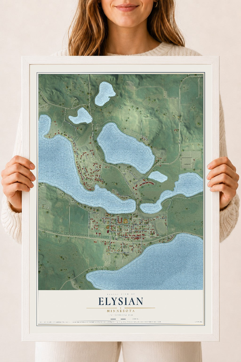 Map of Elysian, Minnesota, 18 x 24 inch print in a white wood frame