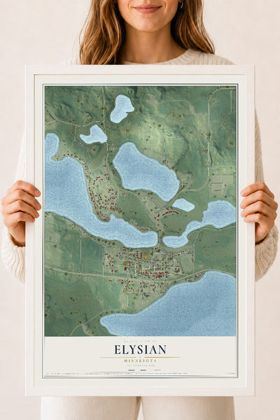 Map of Elysian, Minnesota, 18 x 24 inch print in a white wood frame