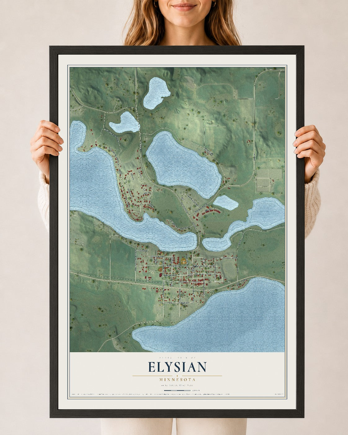 Map of Elysian, Minnesota, 24 x 36 inch print in a black wood frame