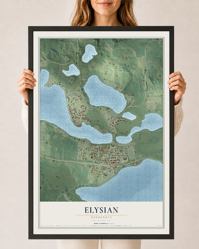 Map of Elysian, Minnesota, 24 x 36 inch print in a black wood frame