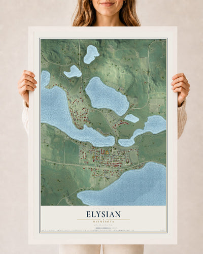 Map of Elysian, Minnesota, 24 x 36 inch print in a white wood frame