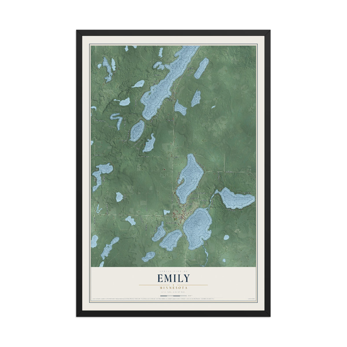 Map of Emily, Minnesota, 12 x 18 inch print in a black wood frame