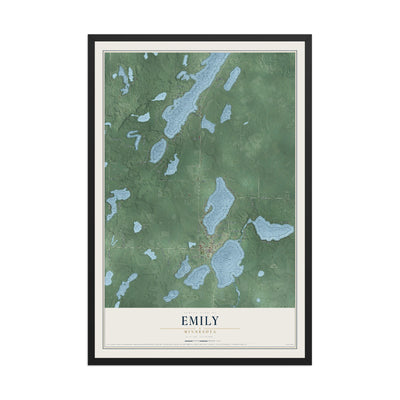 Map of Emily, Minnesota, 12 x 18 inch print in a black wood frame