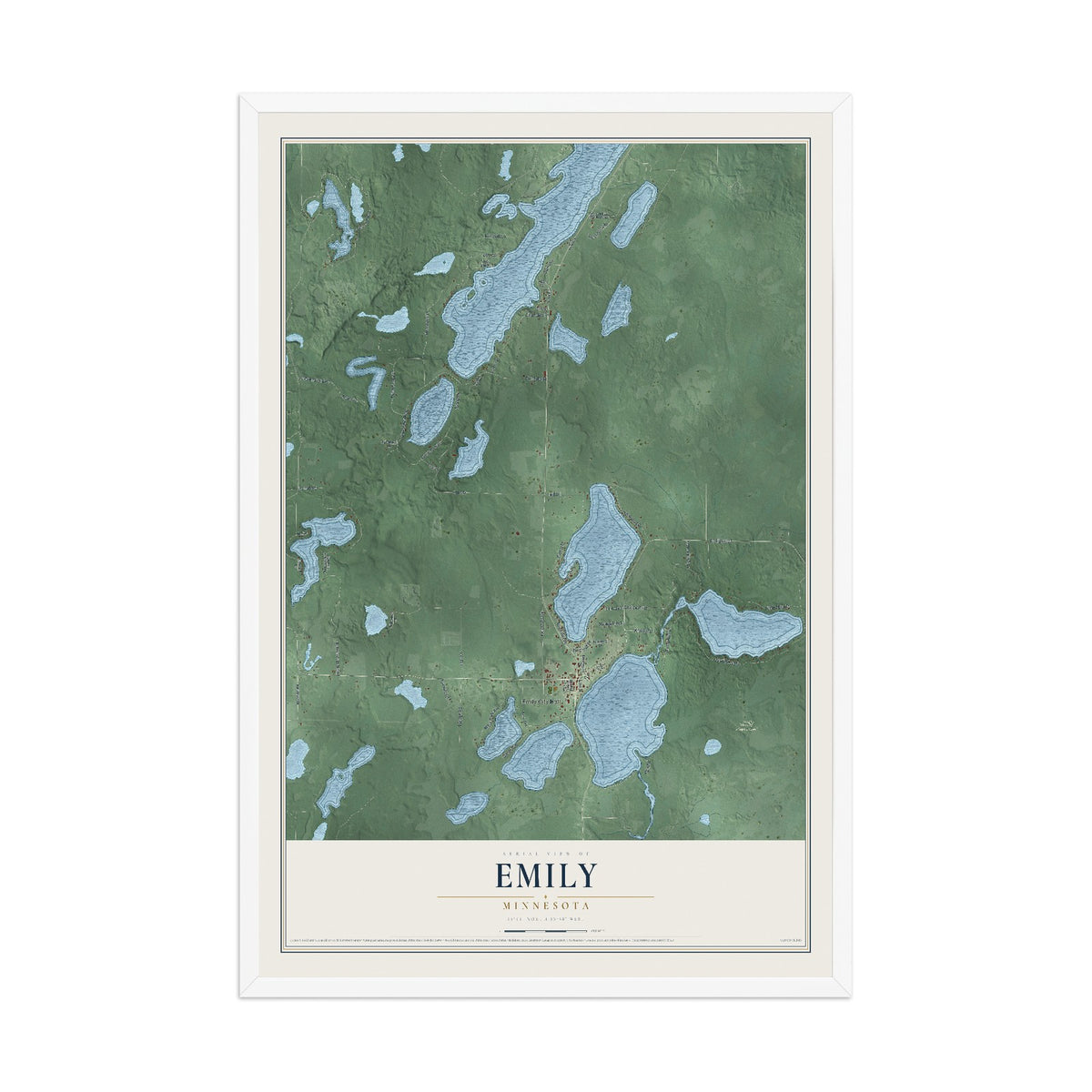 Map of Emily, Minnesota, 12 x 18 inch print in a white wood frame