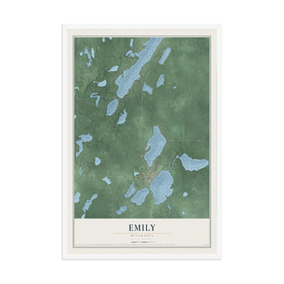 Map of Emily, Minnesota, 12 x 18 inch print in a white wood frame
