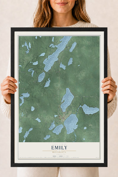 Map of Emily, Minnesota, 18 x 24 inch print in a black wood frame