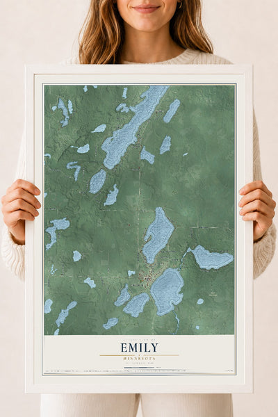 Map of Emily, Minnesota, 18 x 24 inch print in a white wood frame