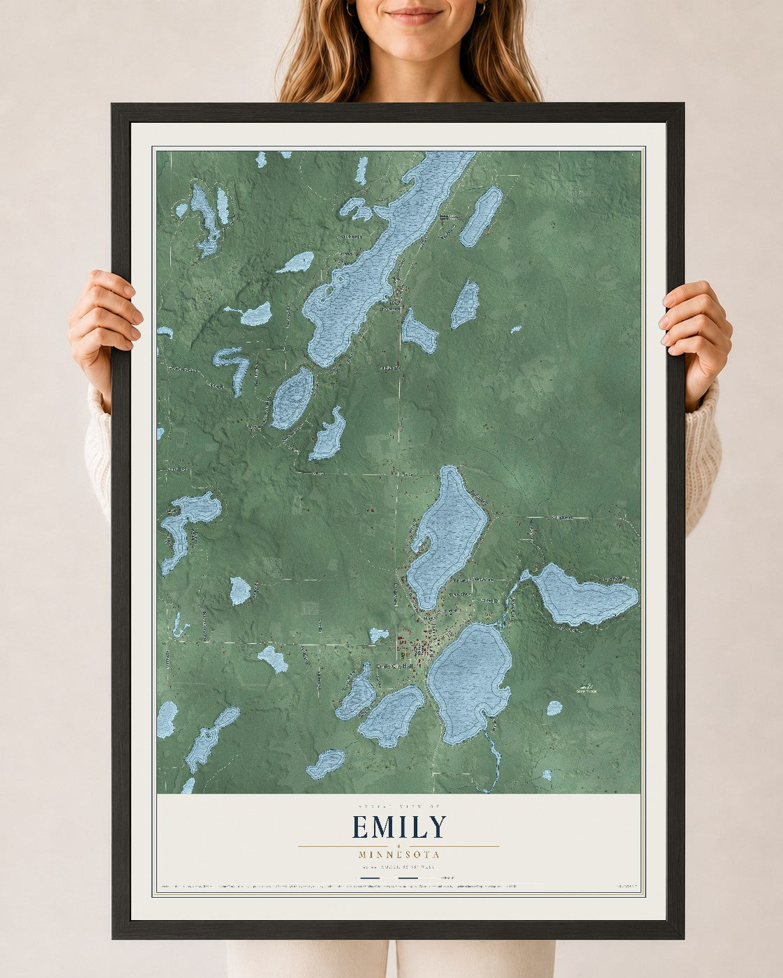 Map of Emily, Minnesota, 24 x 36 inch print in a black wood frame