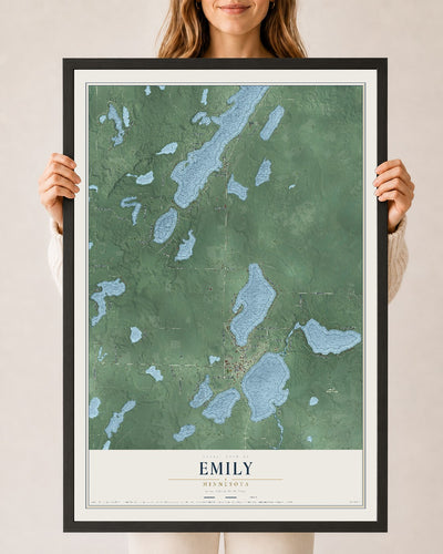 Map of Emily, Minnesota, 24 x 36 inch print in a black wood frame