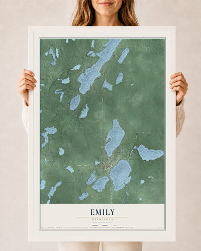 Map of Emily, Minnesota, 24 x 36 inch print in a white wood frame