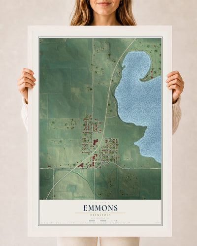 Map of Emmons, Minnesota, 24 x 36 inch print in a white wood frame