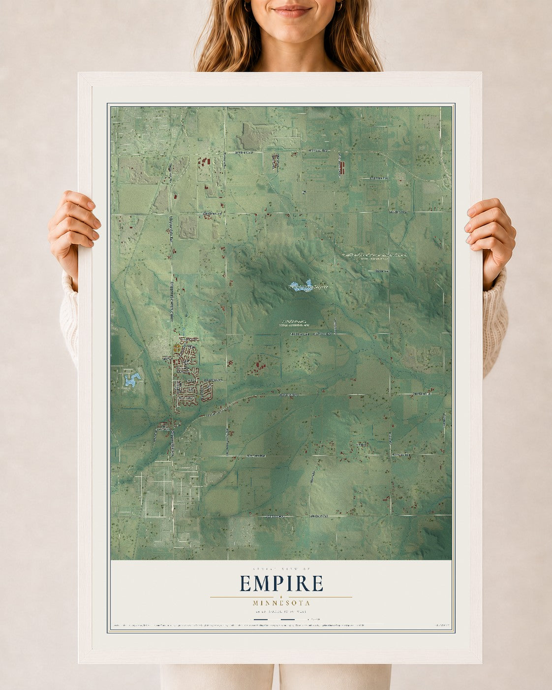 Map of Empire, Minnesota, 24 x 36 inch print in a white wood frame