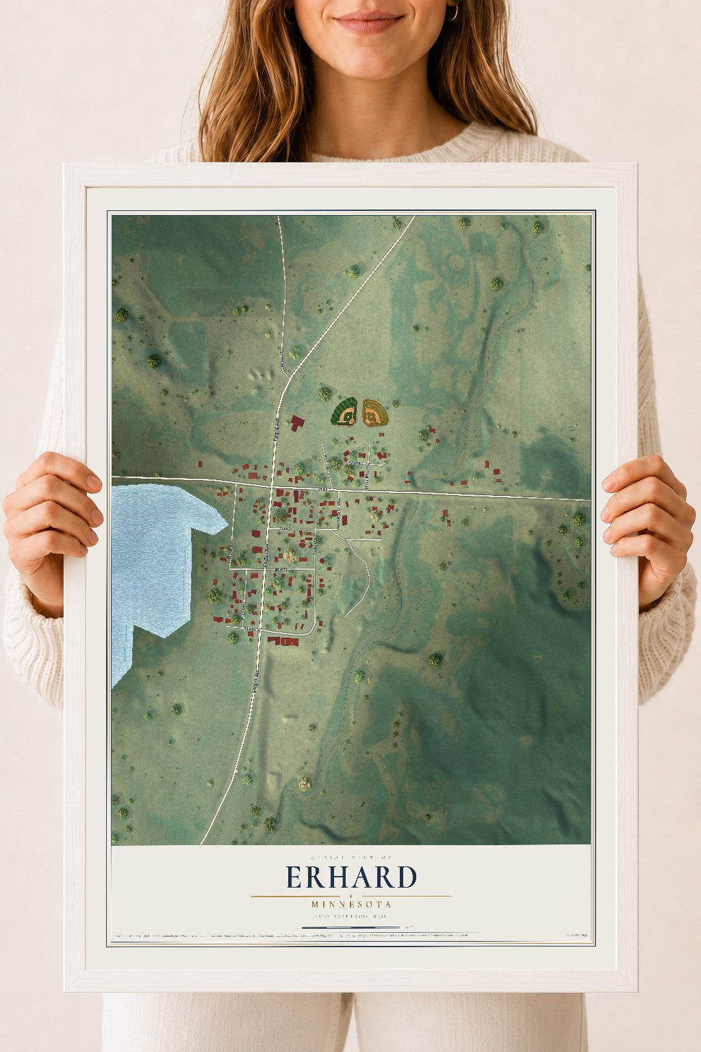 Map of Erhard, Minnesota, 18 x 24 inch print in a white wood frame
