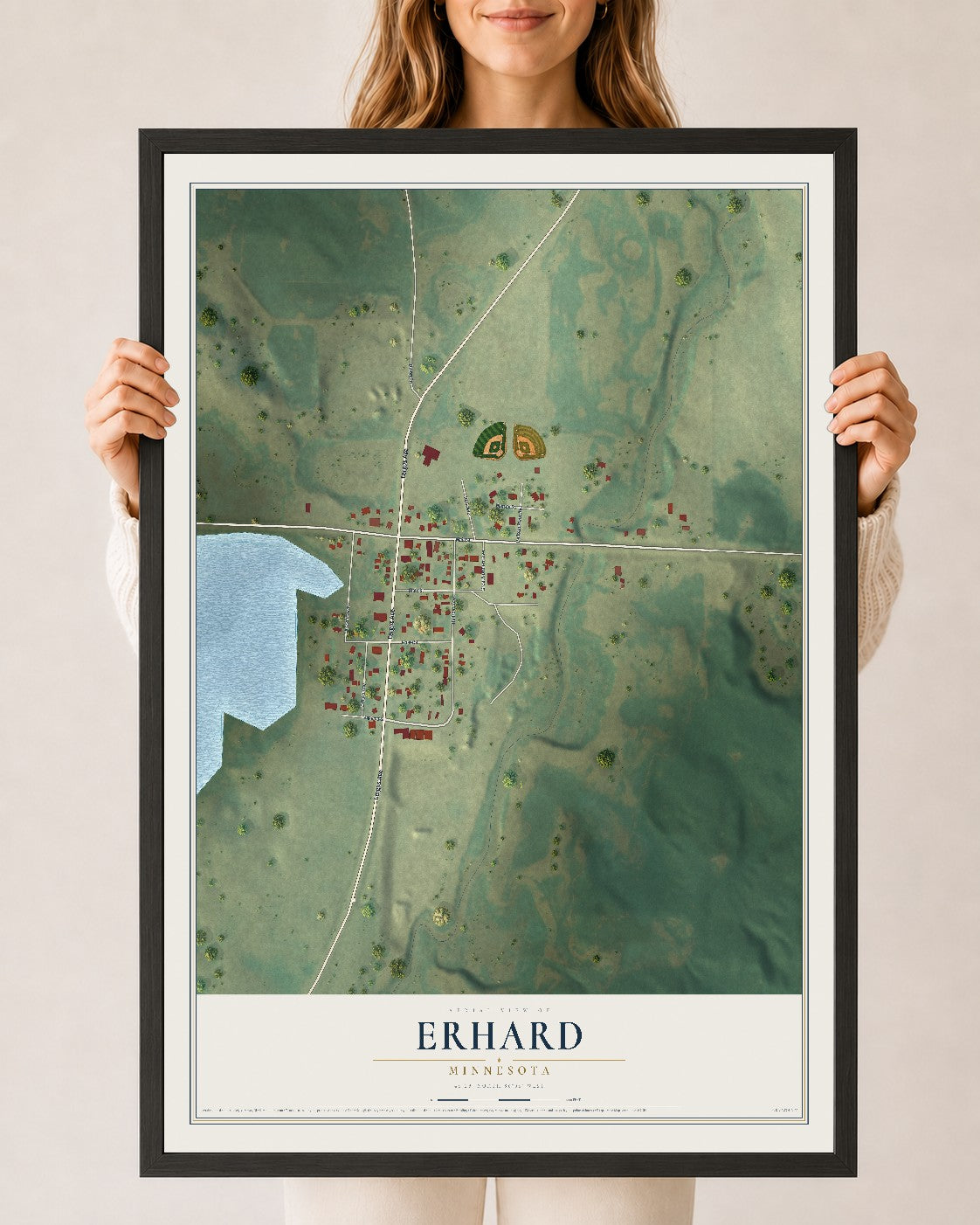 Map of Erhard, Minnesota, 24 x 36 inch print in a black wood frame