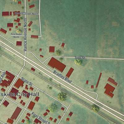 Second close-up of the map of Erskine, Minnesota print showing more streets and buildings
