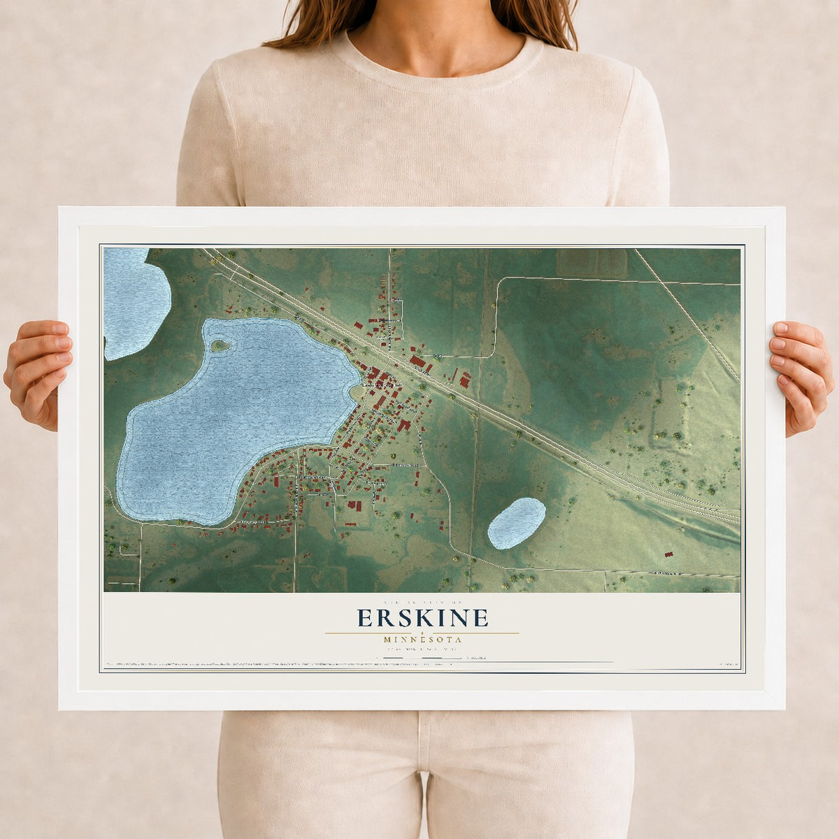 Map of Erskine, Minnesota, 12 x 18 inch print in a white wood frame