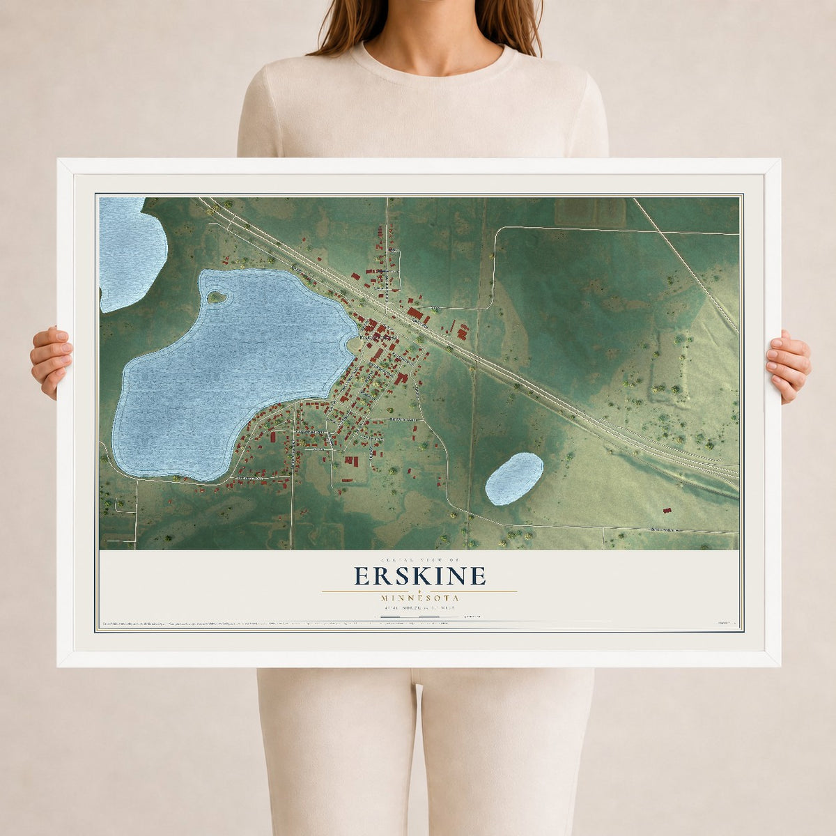 Map of Erskine, Minnesota, 24 x 36 inch print in a white wood frame