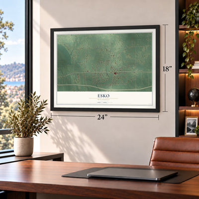 Esko, Minnesota map, 18 x 24 inch print in a black frame in a home office