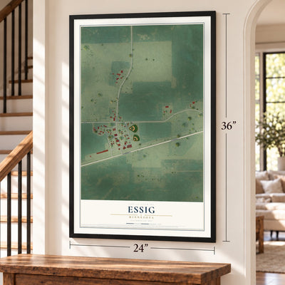 Essig, Minnesota map, 24 x 36 inch print in a black frame by a staircase