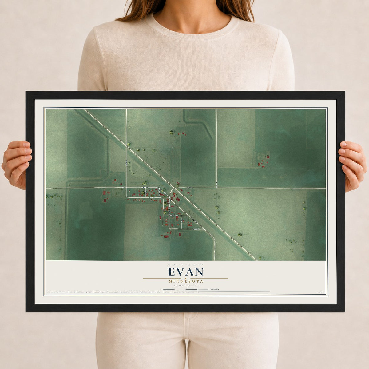 Map of Evan, Minnesota, 12 x 18 inch print in a black wood frame