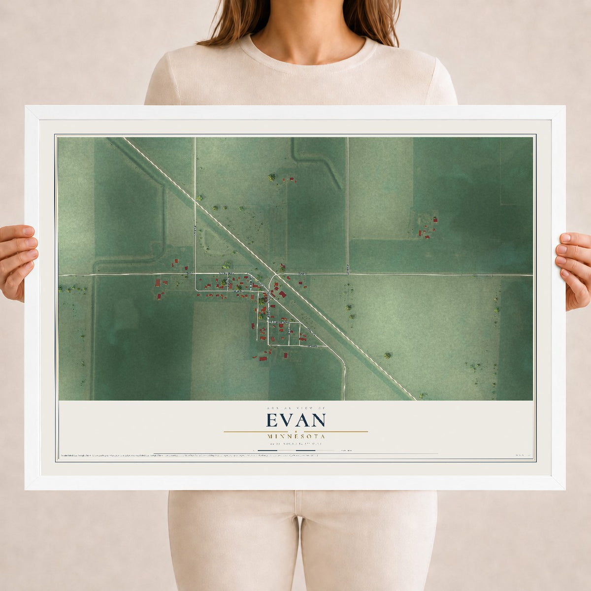 Map of Evan, Minnesota, 18 x 24 inch print in a white wood frame